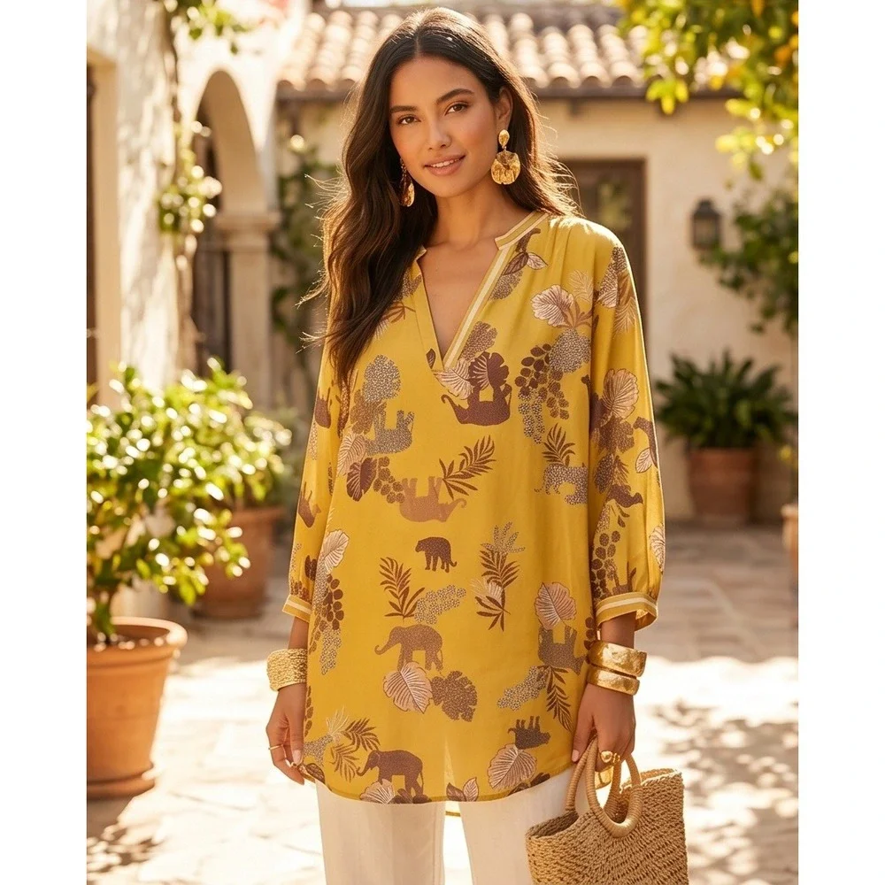 Johnny Was XS Yellow Taly Astrid Jungle Silk Safari Animal Print Tunic Blouse